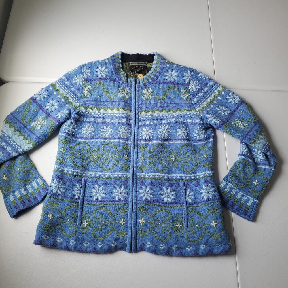 Icelandic Design Sweater Cardigan Womens Medium Blue Wool Fair Isle Ski Zip